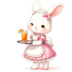 Rabbit wearing a maid outfit holding orange juice sergeant watercolor - obrazy, fototapety, plakaty