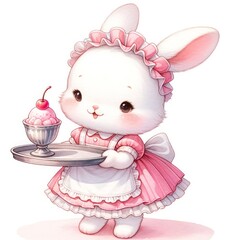 Rabbit wearing a maid outfit holding icecream food sergeant watercolor - obrazy, fototapety, plakaty
