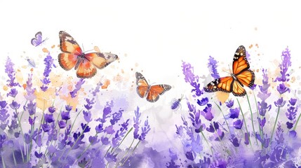 vintage watercolor painting close up of lavender garden with butterflies