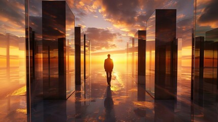 Silhouette of a person walking towards the sunset reflected in mirrors. Generated AI.