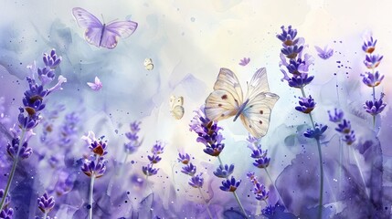 Obraz premium vintage watercolor painting close up of lavender garden with butterflies
