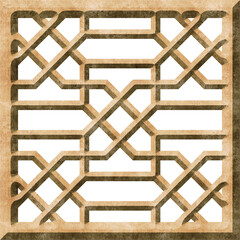 Traditional quatrefoil lattice 3d pattern. Islamic window, grille panel. Ornament in geometric arabian style. Mashrabiya in square frame, metal casting. Isolated background. Illustration