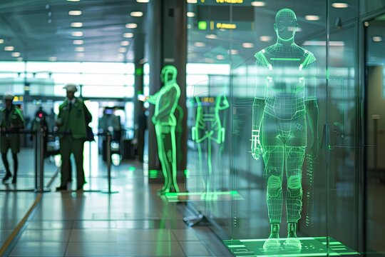 Glass display in an airport showcasing a mannequin. Security personnel using a terahertz scanner can be seen in the background. Generative AI
