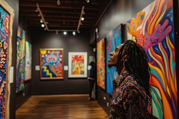 A person with braided hair examines colorful paintings displayed on the walls of a contemporary art space. Generative AI