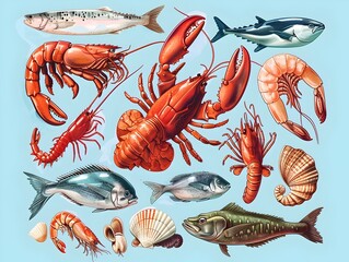 Diverse Seafood Bounty from Sustainable Aquaculture Showcasing Finfish,Shellfish,Crustaceans,and Mollusks