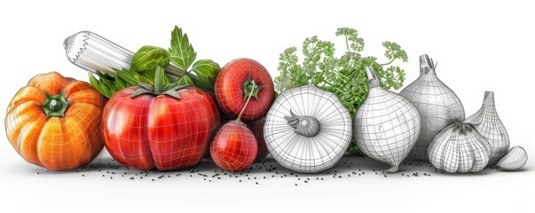 Food items like a fruit or vegetable in wireframe - obrazy, fototapety, plakaty