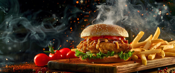 Chicken burger and fries on wooden board with smoke and fire, against dark background. Food advertising photography.