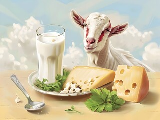 Nutritious Goat Milk and Cheese - A Wholesome Dairy Delight from the Farm - obrazy, fototapety, plakaty