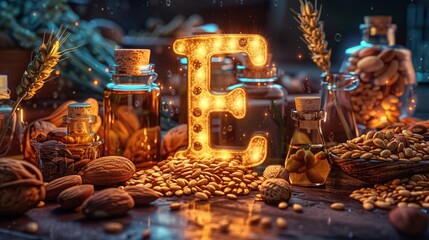 Glowing golden 'E' surrounded by health-related items, hinting at vitamin E benefits. Generated AI.