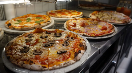 pizza party with a variety of toppings on white plates, including sliced and whole pizzas, as well