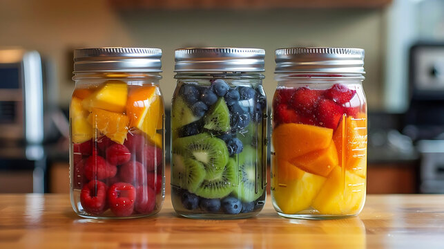 smoothie bar featuring sliced kiwi, red strawberries, and oranges in glass jars with silver lids, p