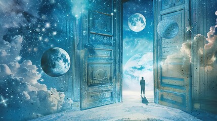 Doorway on a platform in space with a figure and celestial bodies. Generated AI.