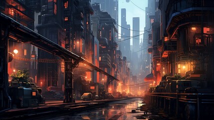 A narrow urban alleyway aglow with a mesmerizing array of lights, creating a vibrant valley of illuminated lines weaving through the cityscape.