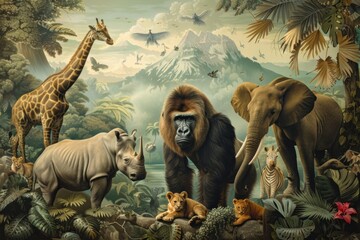 Jungle landscape elephant giraffe jungle. - Powered by Adobe