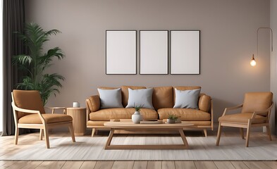Mock up living room with wooden sofa 3d illustration rendering
