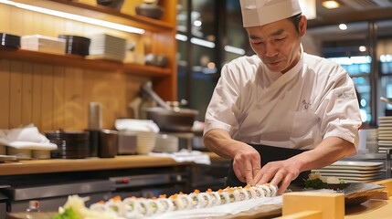 sushi making class in a restaurant kitchen with stacked plates and a white hat on the counter, unde