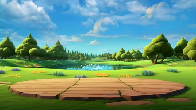 empty stage cartoon background landscape of grassland, harmony with trees and lake. seamless looping 4K time-lapse virtual video animation background