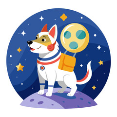 Proud pooch standing on the surface of the moon, clad in a spacesuit adorned with space agency patches