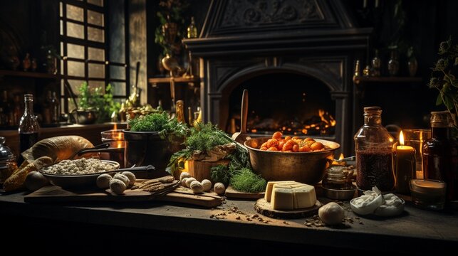 A dark kitchen scene, 3D rendered to artistically highlight Italian cooking ingredients, focusing on the depth and richness of culinary arts ,3DCG,high resulution,clean sharp focu