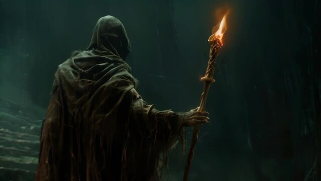 Hooded figure in tattered robes stands at edge of glowing portal, holding staff crackling with ancient power. Ominous atmosphere suggests dark motives and impending danger.
