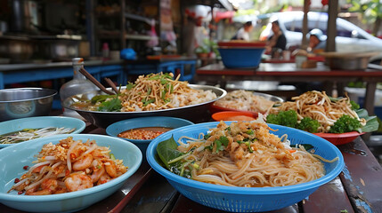 thai street food served on a wooden table with a variety of bowls and utensils, including blue, bla