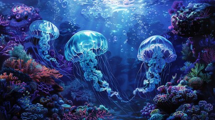 Bring to life a traditional oil painting capturing an ethereal underwater scene Envision metallic robotic jellyfish floating gracefully amidst vibrant coral reefs, surrounded by swirling currents and