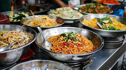 thai street food served in metal and silver bowls, accompanied by a silver spoon