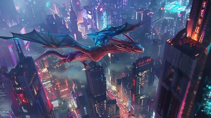 Capture a high-angle view of a majestic dragon soaring over a futuristic metropolis at dusk in a detailed watercolor medium Emphasize the creatures iridescent scales against the neon lights of the cit