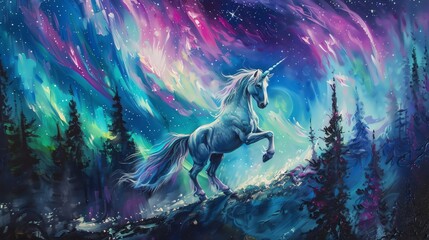 Fototapeta na wymiar Capture a majestic unicorn in a graceful ballet pose under a mesmerizing, shimmering aurora borealis sky, using oil painting