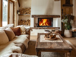 Farmhouse interior design of modern living room, home. Rustic coffee table near sofa with many cushions near fireplace. 