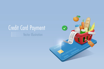 Grocery shopping and credit card payment. Shopping basket on credit card with bill receipt for online shopping with secure money protection. Money spending, online banking and financial. 3D vector.