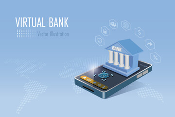 Virtual bank with secure network transaction. Bank building on smartphone with fingerprint scanning to access. Biometric security, financial technology. 3D vector. 