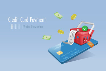 Credit card payment. Shopping basket on credit card with bill receipt for online shopping with secure money protection. Money spending, online banking, financial concept. 3D vector.