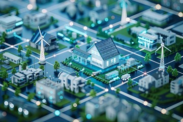 A detailed model showcasing a city layout featuring windmills and residential houses, emphasizing urban planning and sustainable energy sources. Generative AI