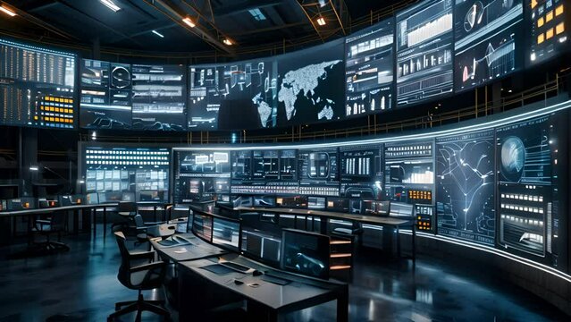 High-tech control room monitoring global data