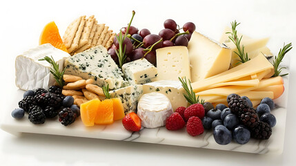 artisanal cheese platter featuring a variety of cheeses, crackers, and grapes, accompanied by a var