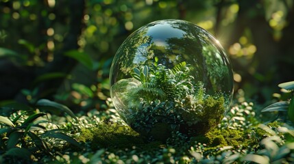 Obraz na płótnie Canvas Glass globe encircled by verdant forest flora, symbolizing nature, environment, sustainability, ESG, and climate change awareness, generative ai hyper realistic 