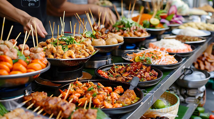 asian street food festival featuring a variety of dishes served in black and white bowls, accompani