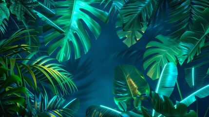 Green and Blue Neon Light with Tropical Leaves hyper realistic 