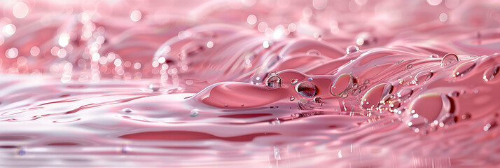 red pink abstract oil bubbles or face serum background. pink Oil and water bubbles molecule ,pink Bubbles oil or collagen serum for cosmetic product, banner poster