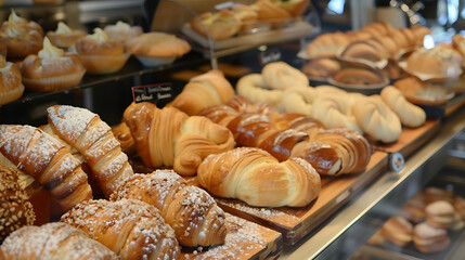 bakery showcase featuring a variety of donuts and pastries, including glazed, white, and brown vari