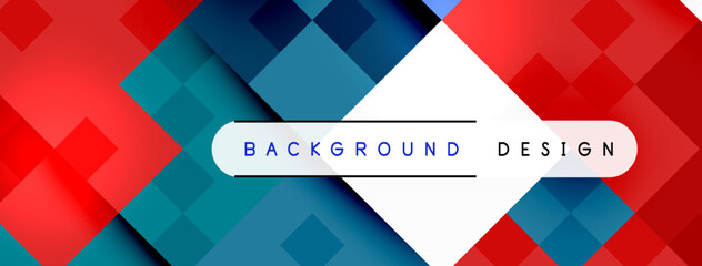 A striking product background design featuring red, white, and blue rectangles and triangles with a touch of azure and magenta for symmetry. The bold font adds to the overall impact - obrazy, fototapety, plakaty