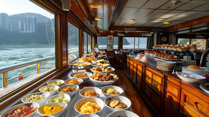 brunch cruise on the water with a view of the city skyline through large windows, featuring a varie