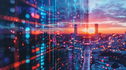 Obraz premium High tech data information in front of city background hyper realistic 