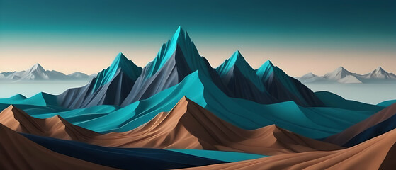 Minimal modern abstract background. Mountains panorama landscape with dark blue and brown peaks and teal sky.