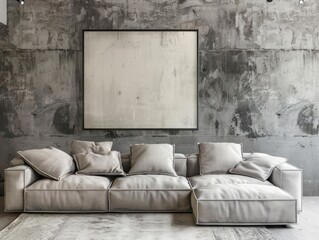 Loft interior design of modern living room, home. Corner sofa against concrete wall with poster frame. 