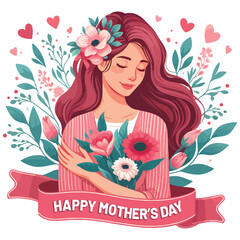 Happy Mother's Day vector illustration, floral, mom, child with white background.