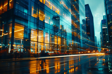 Fototapeta na wymiar A city street with a blurry car in the foreground. Generative AI