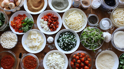 diy pizza party food ingredients in bowls on a table