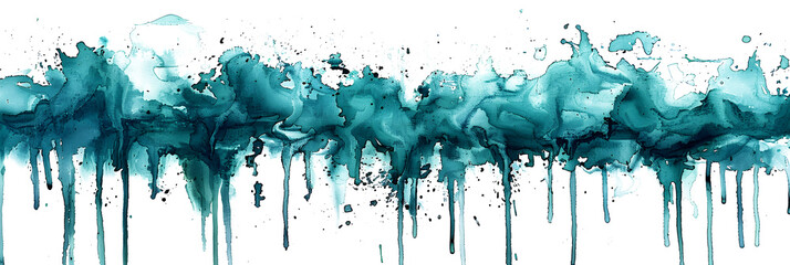 Turquoise and teal watercolor paint droplet drip on transparent background.